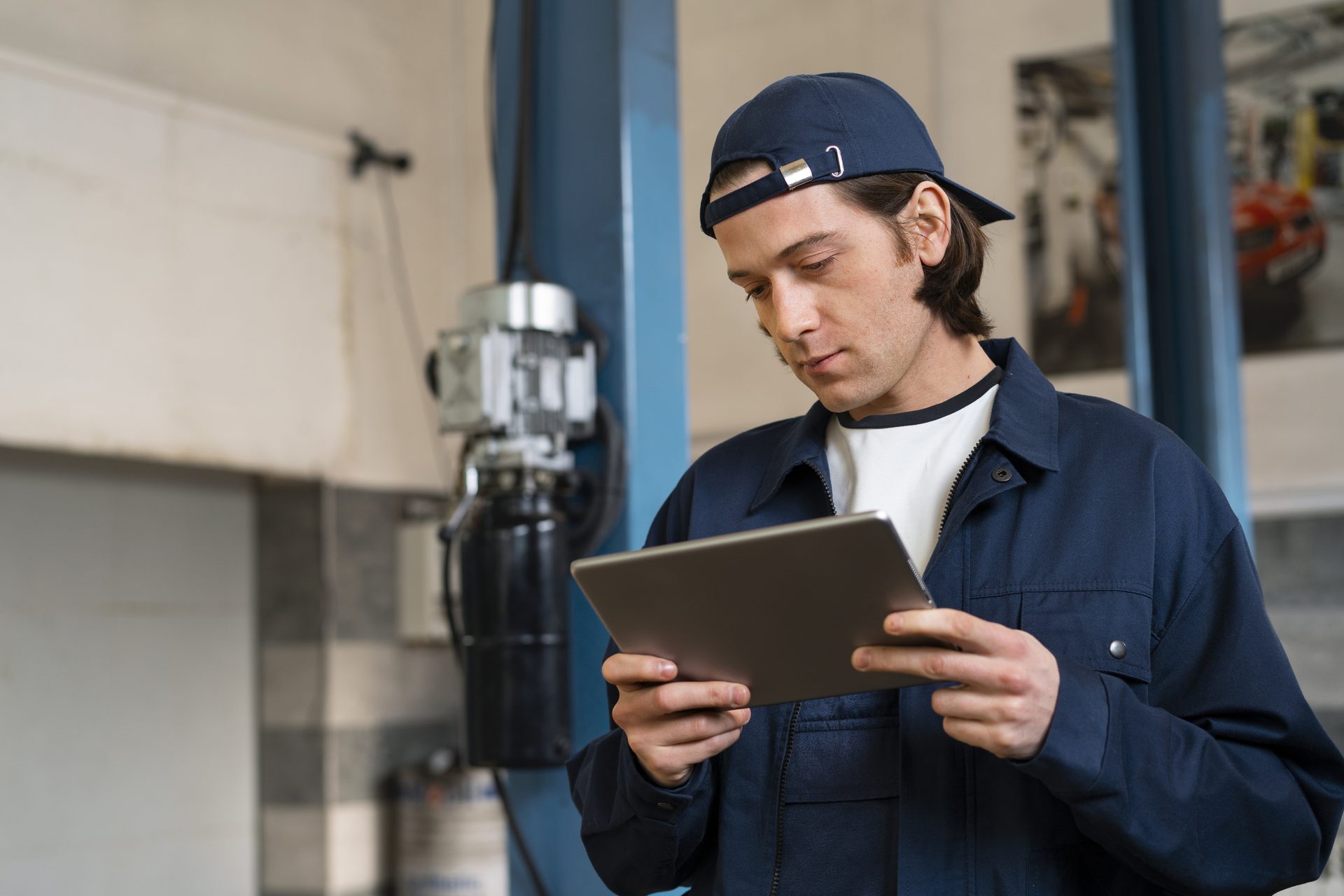 Aviation technician reading training material on a tablet