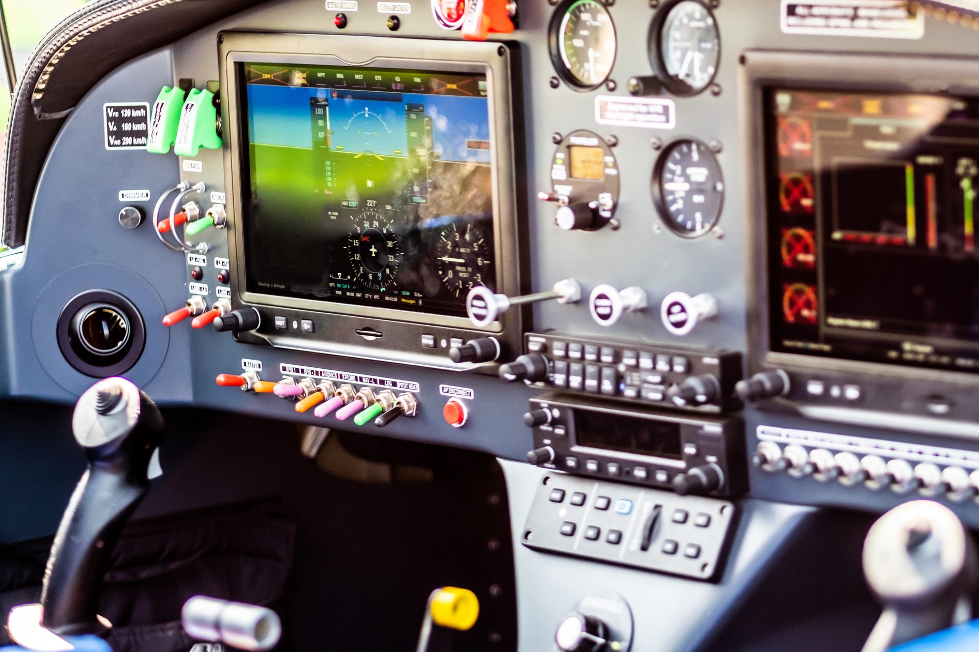 Modern aircraft flight deck with digital displays